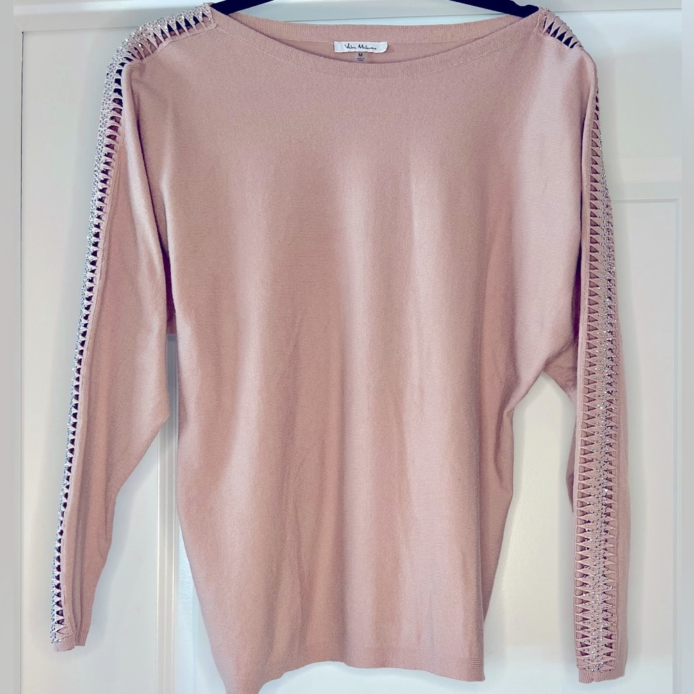 Blush pink sweater with rhinestone sleeves